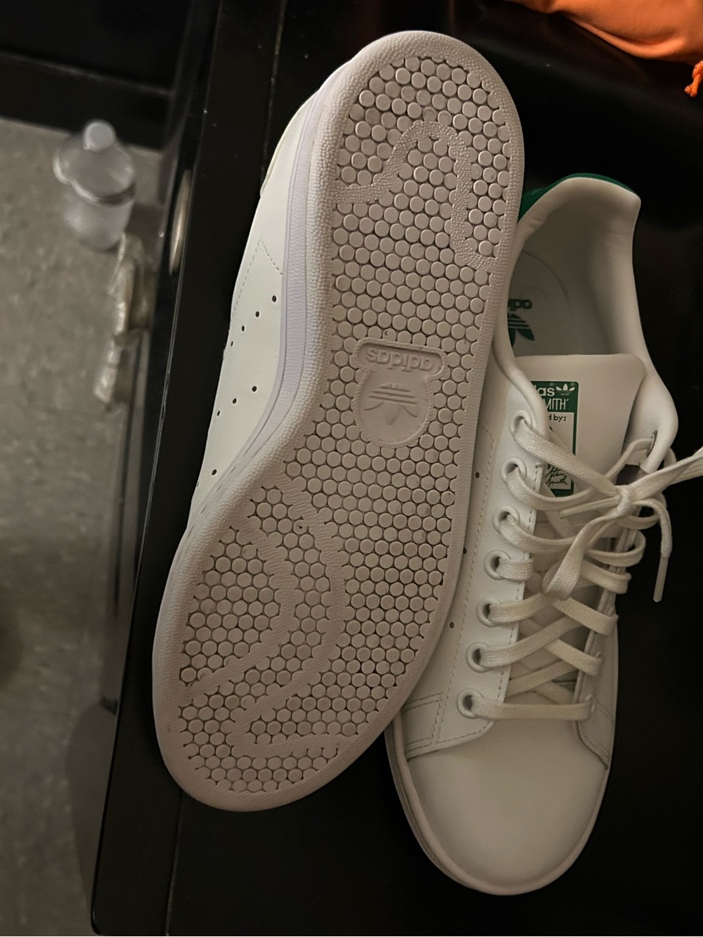 adidas White Leather Sneakers, Stan Smith Green Tongue Logo - Picture 4 of 9